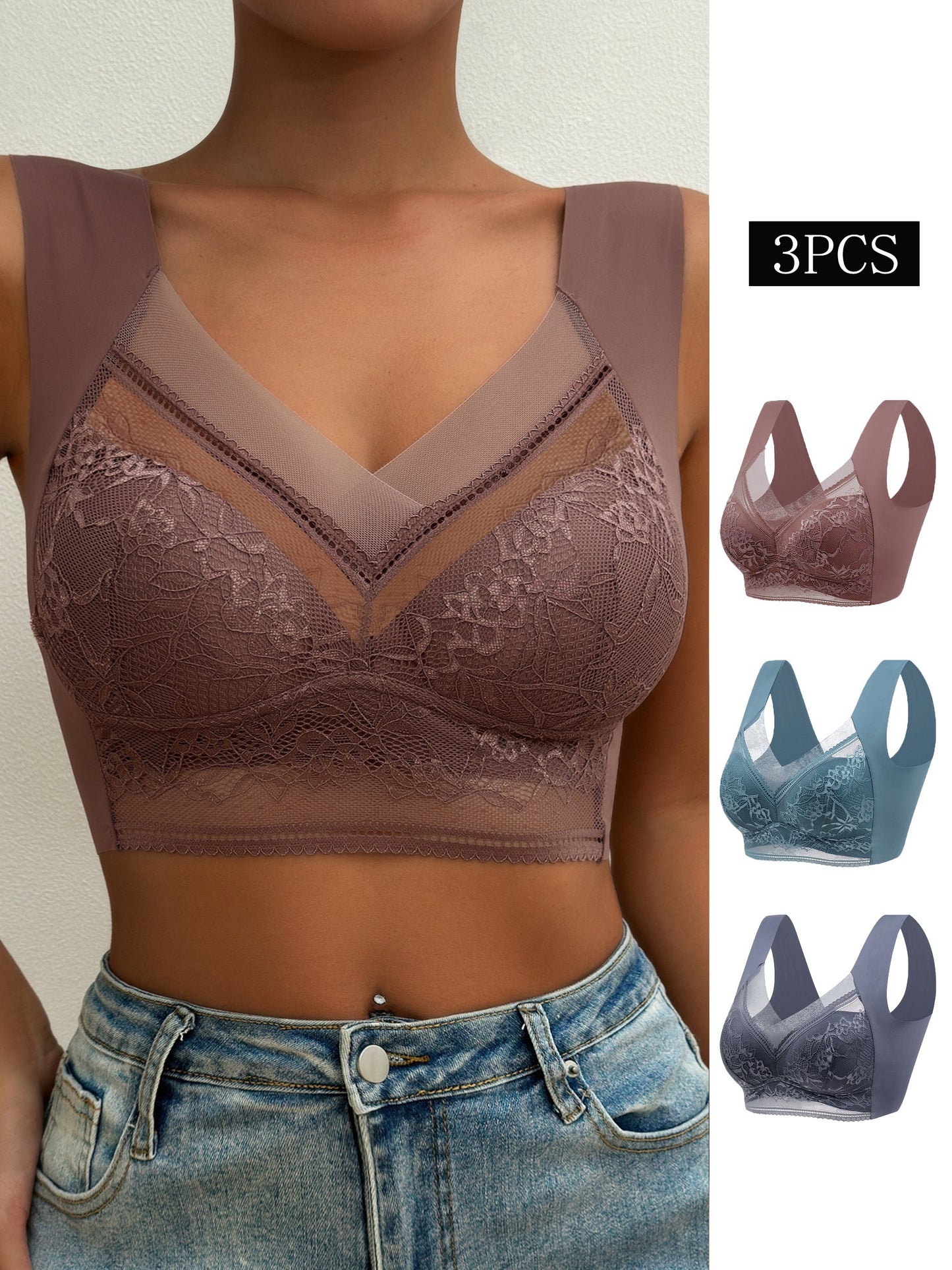 3pcs Comfy Contrast Lace Wireless Bras, Push Up & Breathable Women's Lingerie & Underwear