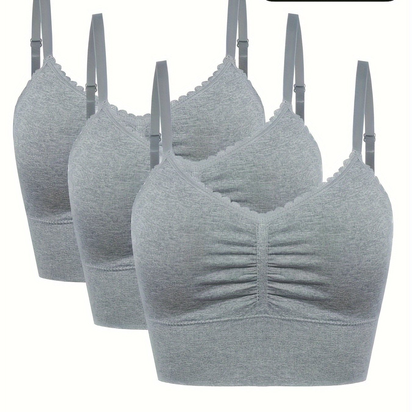 3pcs Women's Plus Size Seamless High-Elasticity Bras - Wire-Free Comfort with Removable Pads & Lace Trim, Soft Stretch Fabric for Casual Attire (Light Pink, Black, Grey), Comfortable Undergarments, Elegant Bra Design, Smooth