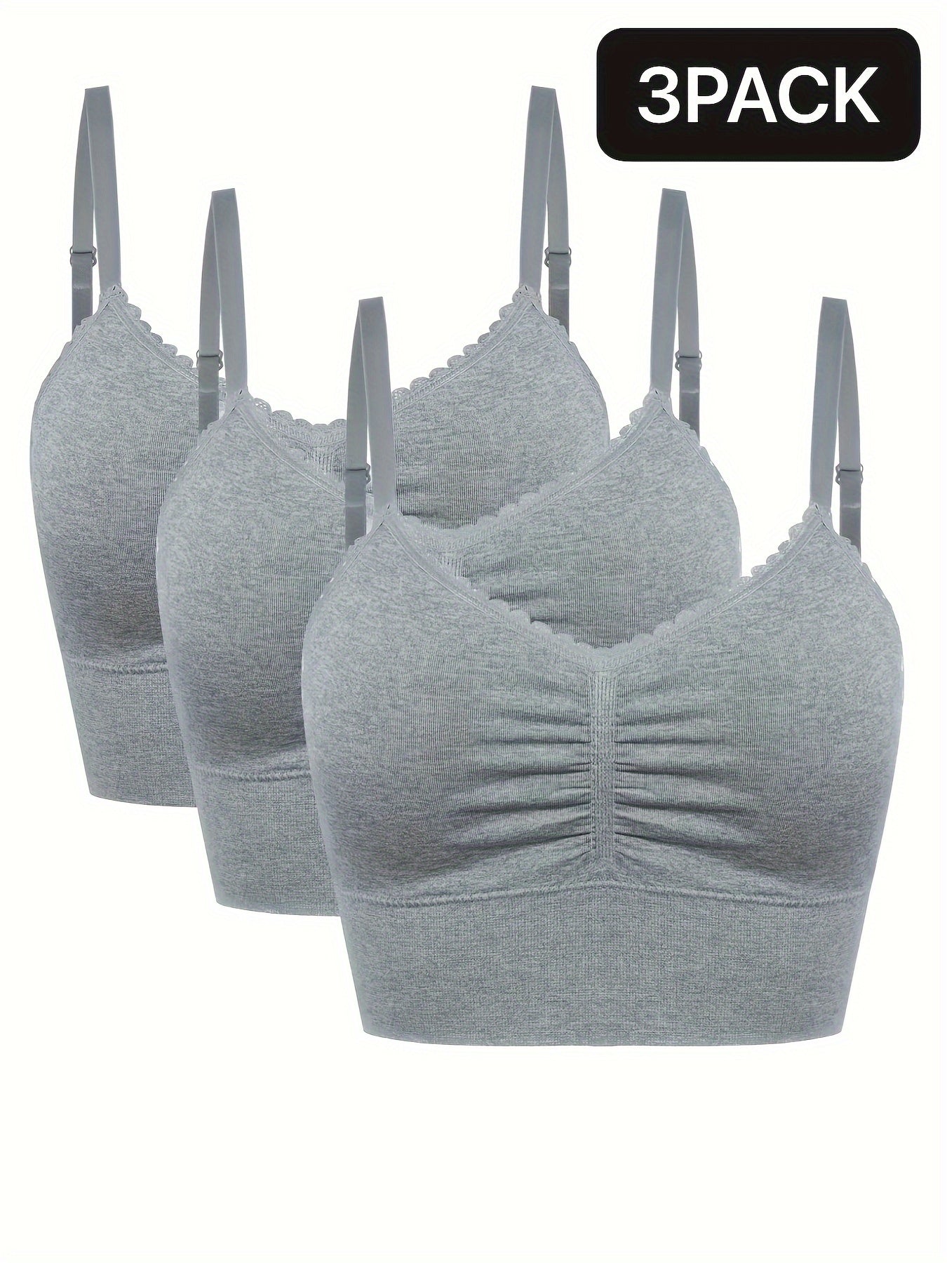 3pcs Women's Plus Size Seamless High-Elasticity Bras - Wire-Free Comfort with Removable Pads & Lace Trim, Soft Stretch Fabric for Casual Attire (Light Pink, Black, Grey), Comfortable Undergarments, Elegant Bra Design, Smooth