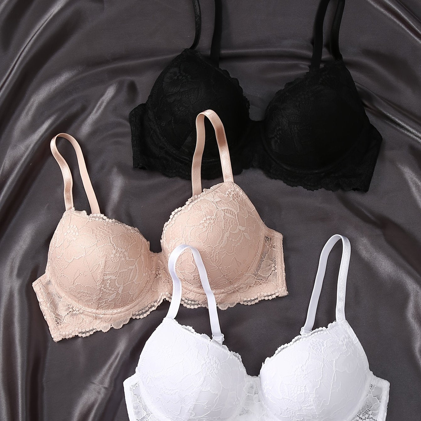 3pcs Contrast Lace Push Up Bras, Comfy & Breathable Intimates Bra, Women's Lingerie & Underwear