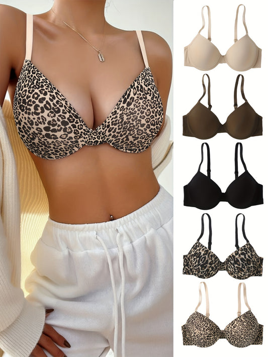 5pcs Luxurious Leopard Print & Solid T-Shirt Bras - Ultra-Comfortable, Breathable Push Up Design - Seamless, Adjustable Straps for Womens Lingerie Wardrobe Essentials