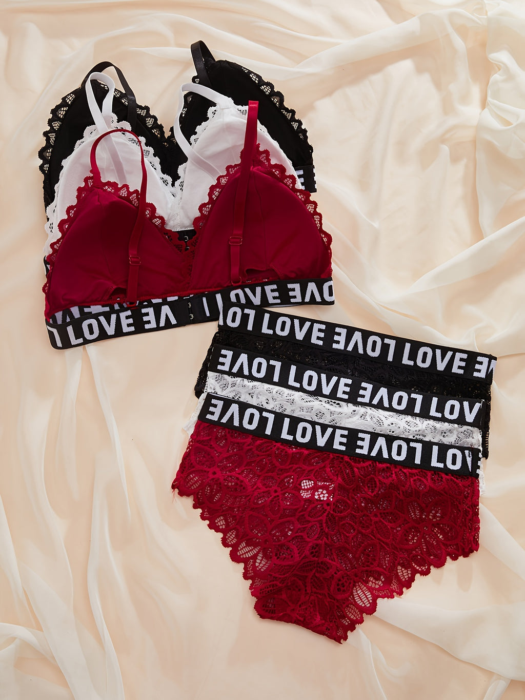 Chic 3-Set Womens Lingerie Bundle - Wireless Contrast Lace Bras & Letter-Trim Panties - Comfortable & Stylish Daily Wear