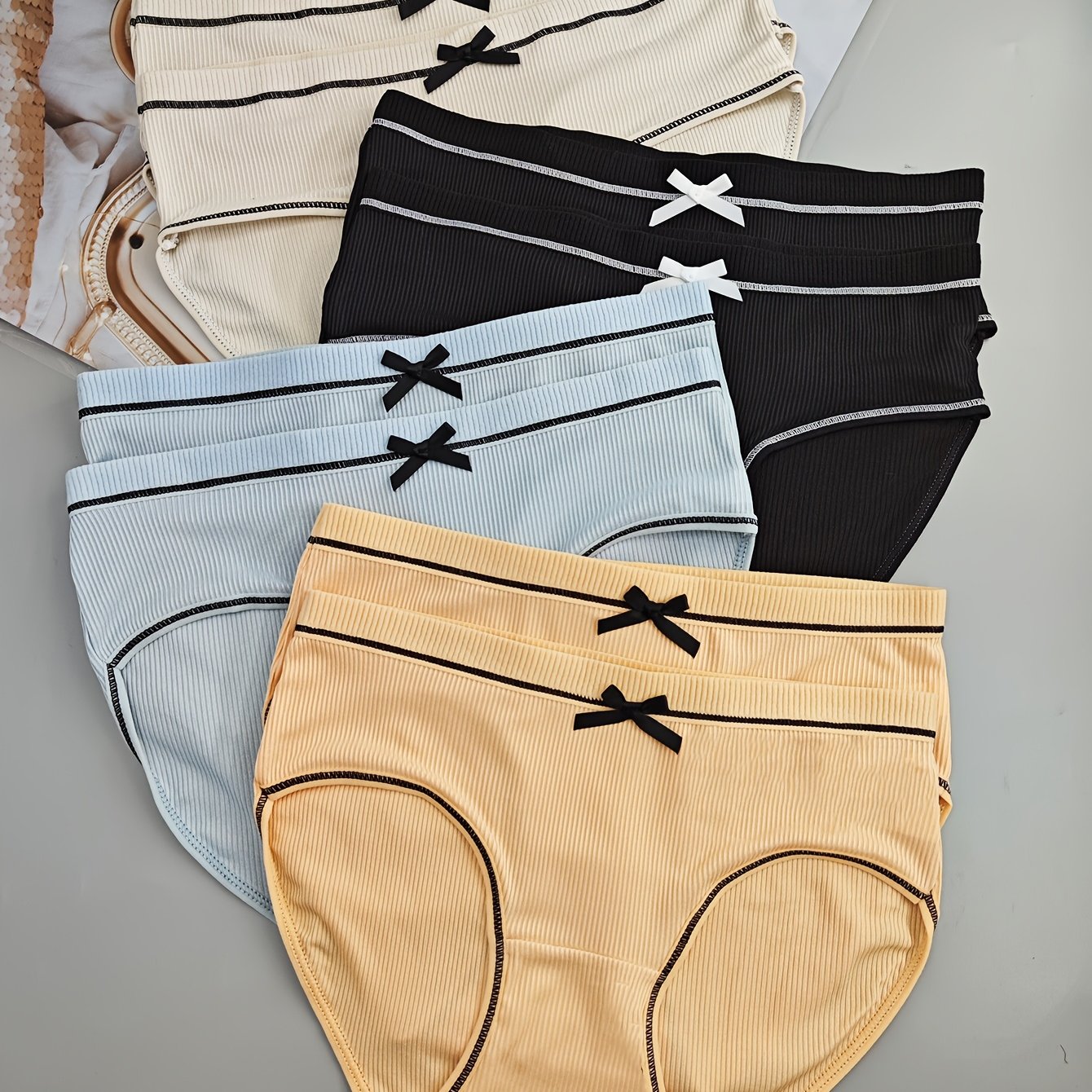 8-Pack Sexy Low-Rise Women'S Panties with Bow Detail, Breathable Knit Polyester Underwear, Low Support Solid Color Briefs