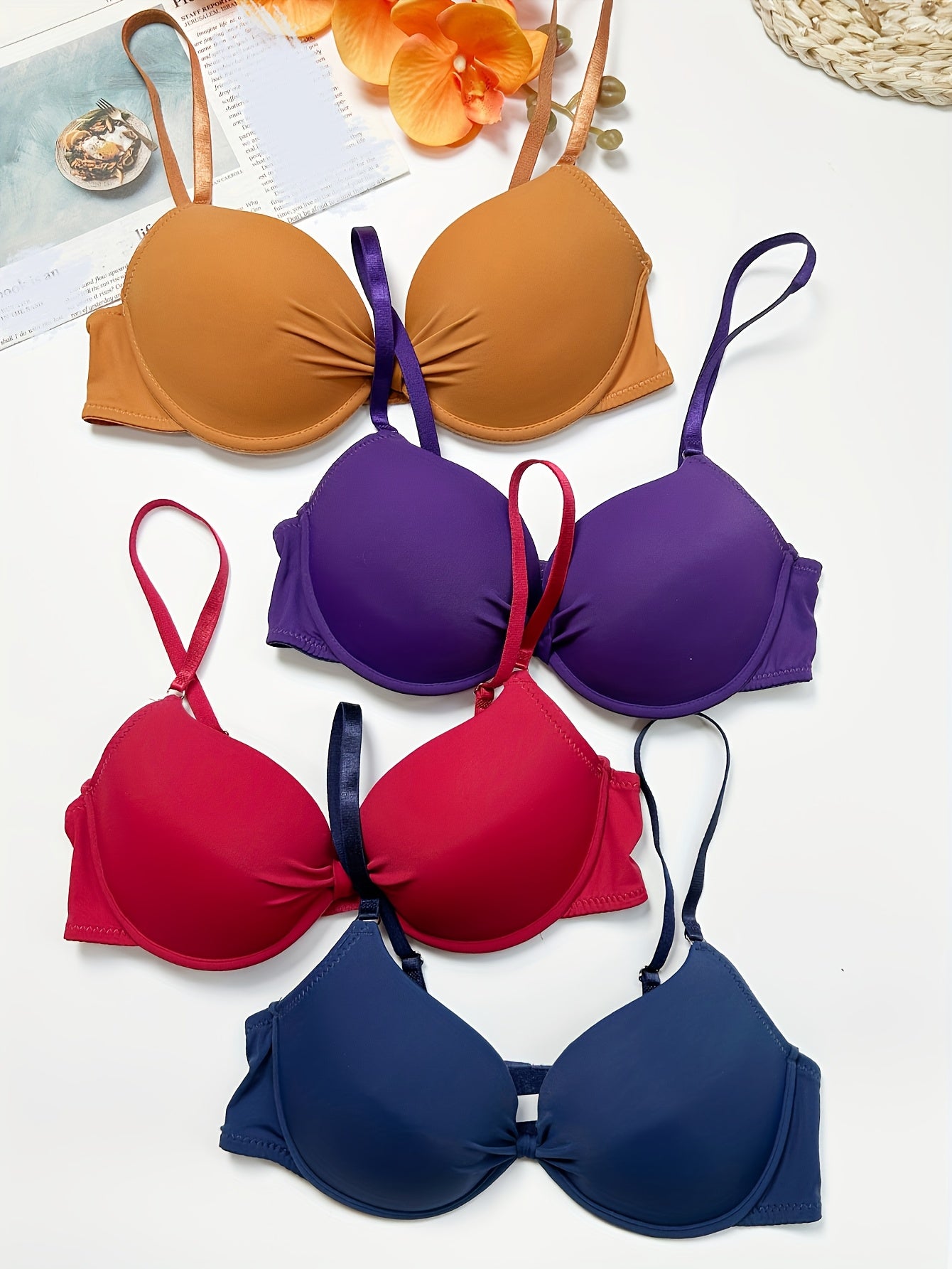 4pcs Simple Women's Underwear Bra with Padded Cups, Gathering Bustier, Single-Piece Multi-Color Combo Casual Bras, Bra Sets, Padded Bras for Women Asian, Padded Bralette, Lace Bralettes, Bra And Panty Sets for Women, Padded B