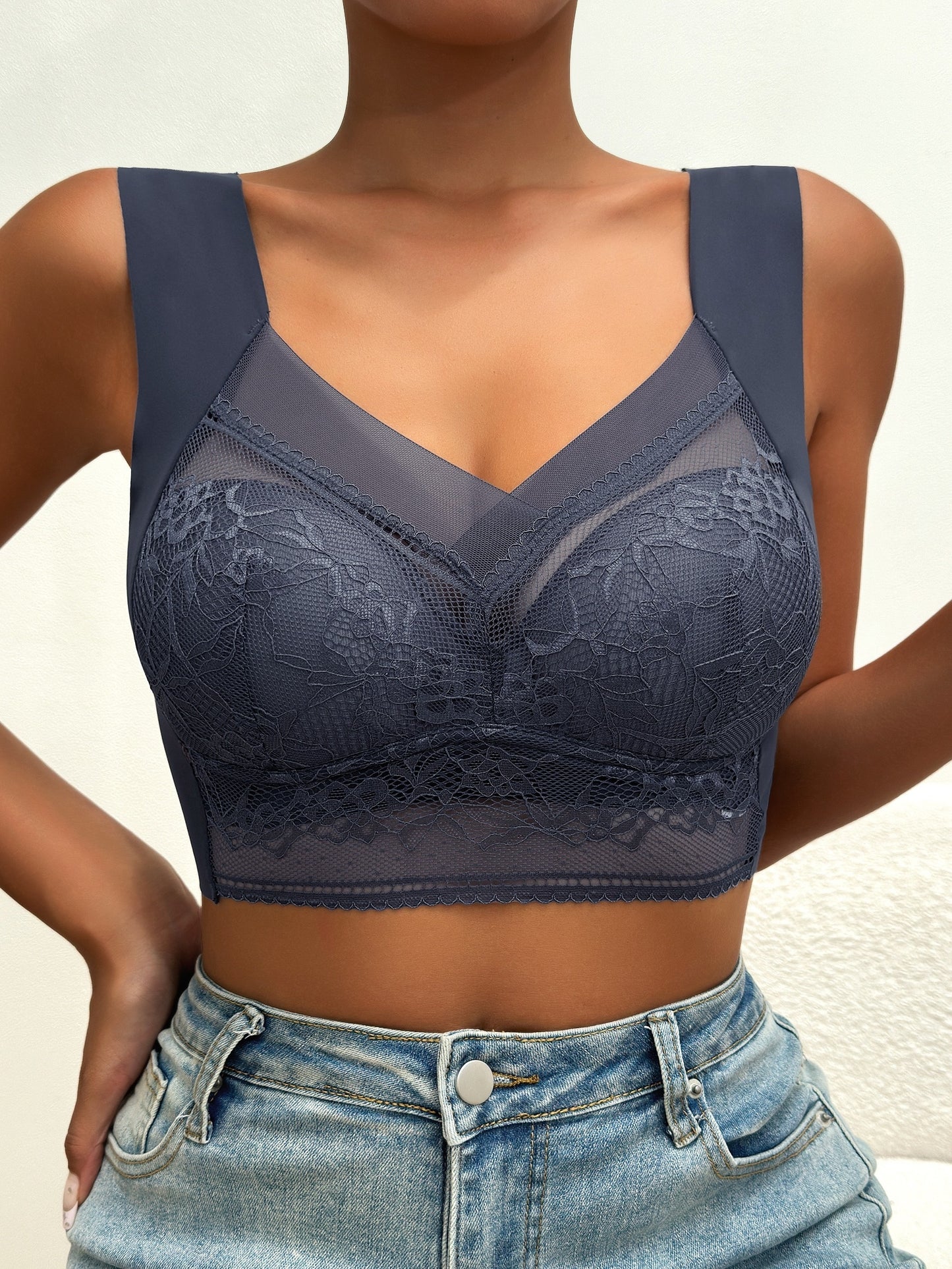3pcs Comfy Contrast Lace Wireless Bras, Push Up & Breathable Women's Lingerie & Underwear