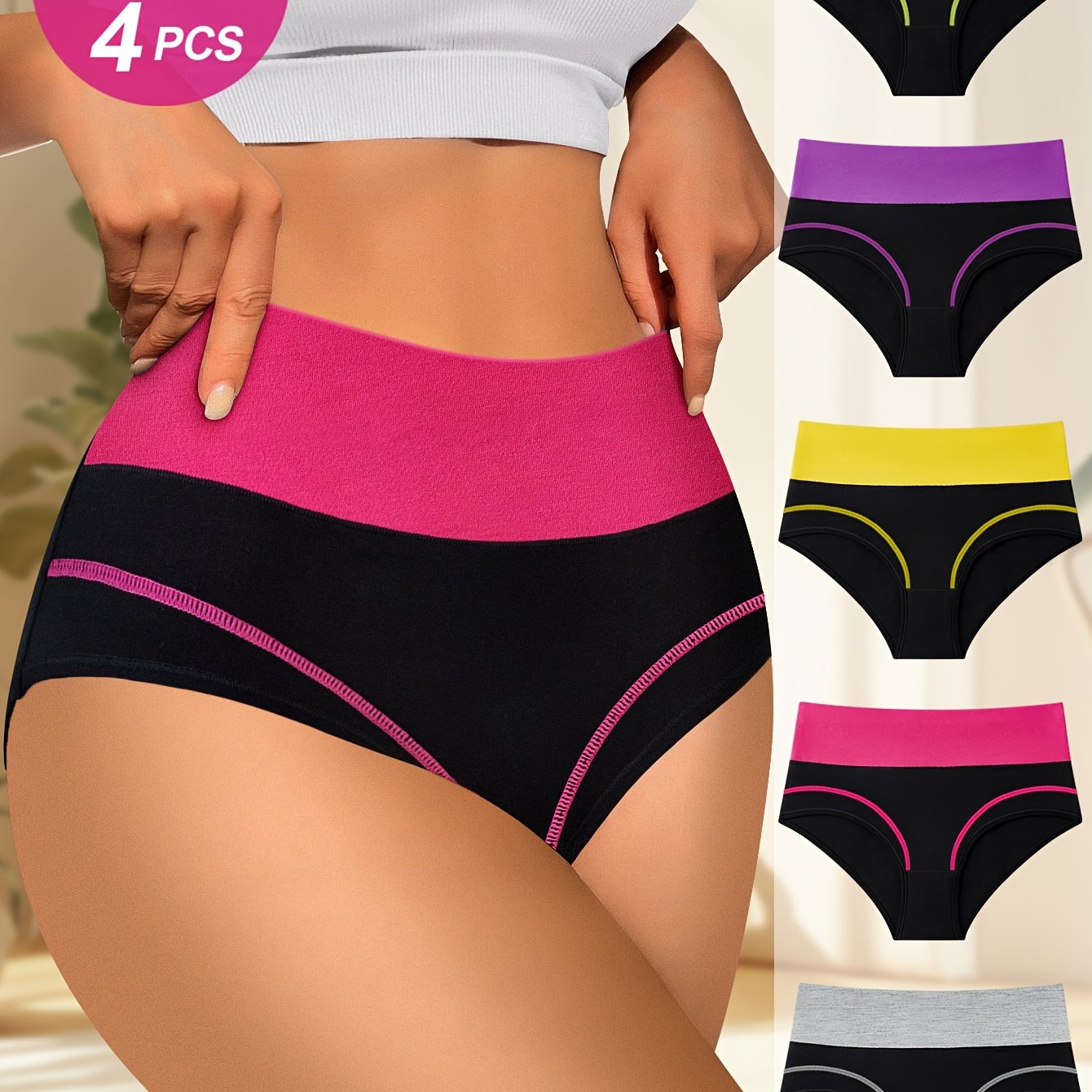 4pcs Random Combination High Waisted Tummy Tightening Women'S Panties Fashion Clash Of Colors Comfortable Shape Triangle Pants
