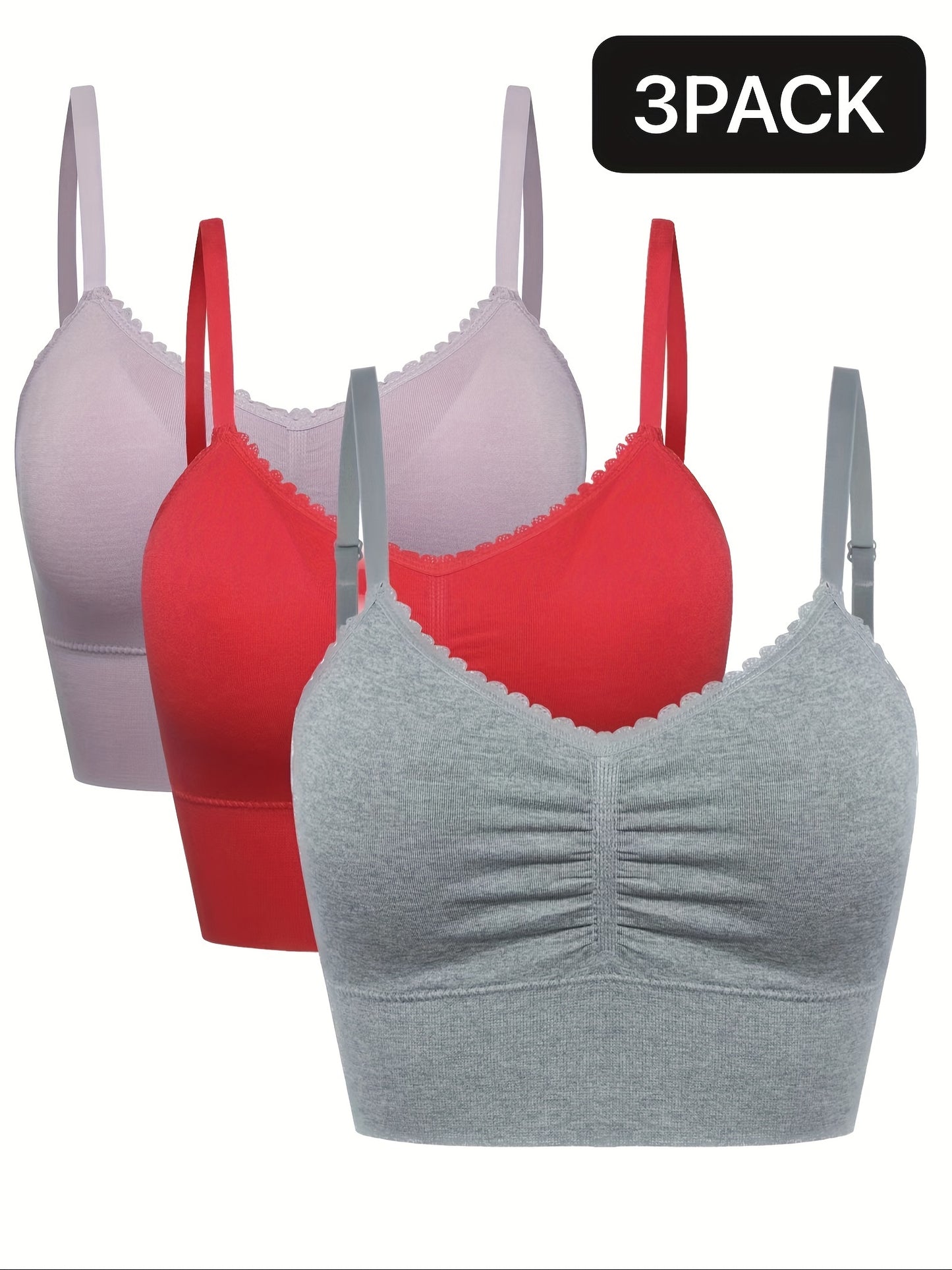 3pcs Women's Plus Size Seamless High-Elasticity Bras - Wire-Free Comfort with Removable Pads & Lace Trim, Soft Stretch Fabric for Casual Attire (Light Pink, Black, Grey), Comfortable Undergarments, Elegant Bra Design, Smooth