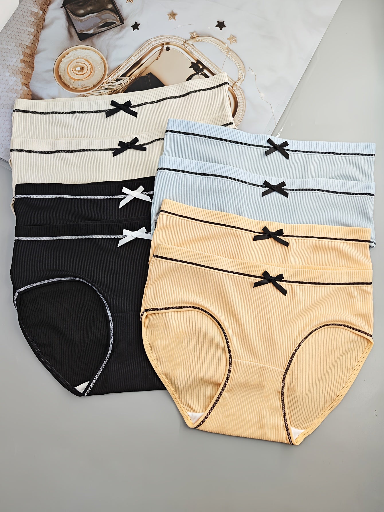 8-Pack Sexy Low-Rise Women'S Panties with Bow Detail, Breathable Knit Polyester Underwear, Low Support Solid Color Briefs