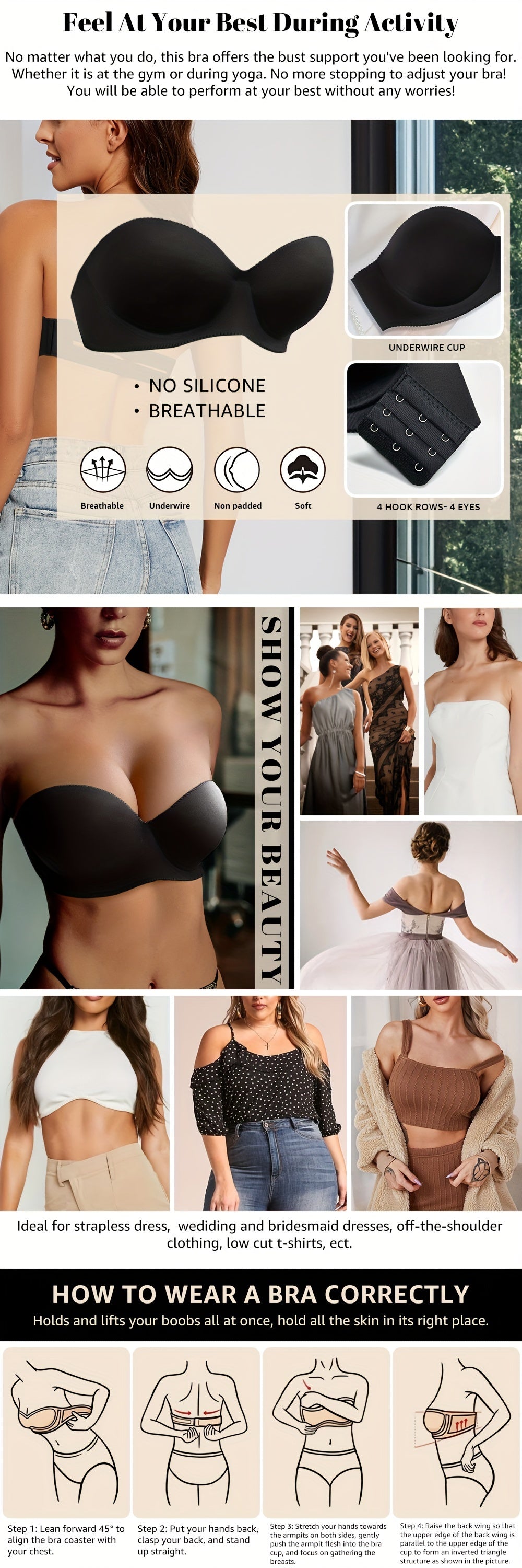 3pcs Soft Strapless Comfy Bandeau Bras, Everyday Stretch Women's Lingerie & Underwear