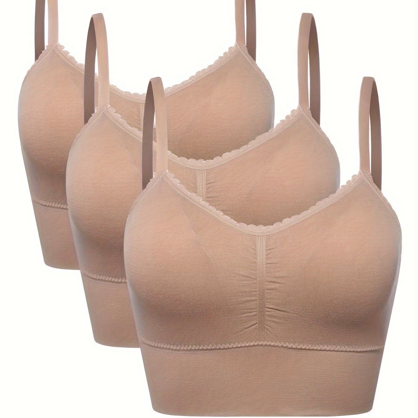 3pcs Women's Plus Size Seamless High-Elasticity Bras - Wire-Free Comfort with Removable Pads & Lace Trim, Soft Stretch Fabric for Casual Attire (Light Pink, Black, Grey), Comfortable Undergarments, Elegant Bra Design, Smooth