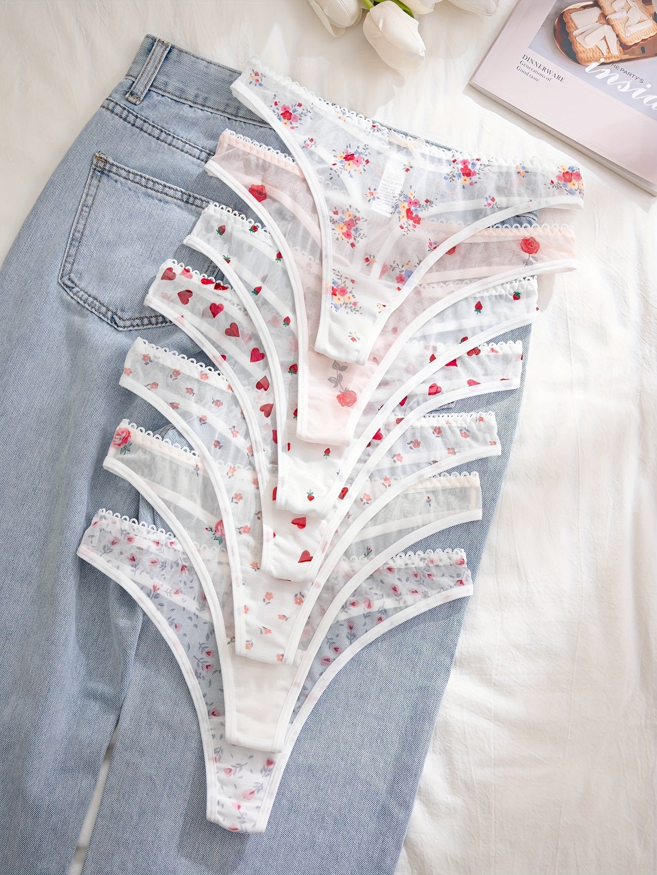 [Floral Print Undergarments] 7-Pack Women's Floral Print undergarments - Soft Semi-Sheer Everyday & Special Occasion Panties, Triangle Cut with Floral Pattern in Pink/Red/White/, Elegant Ladies Underwear for Bras & Outfits, F