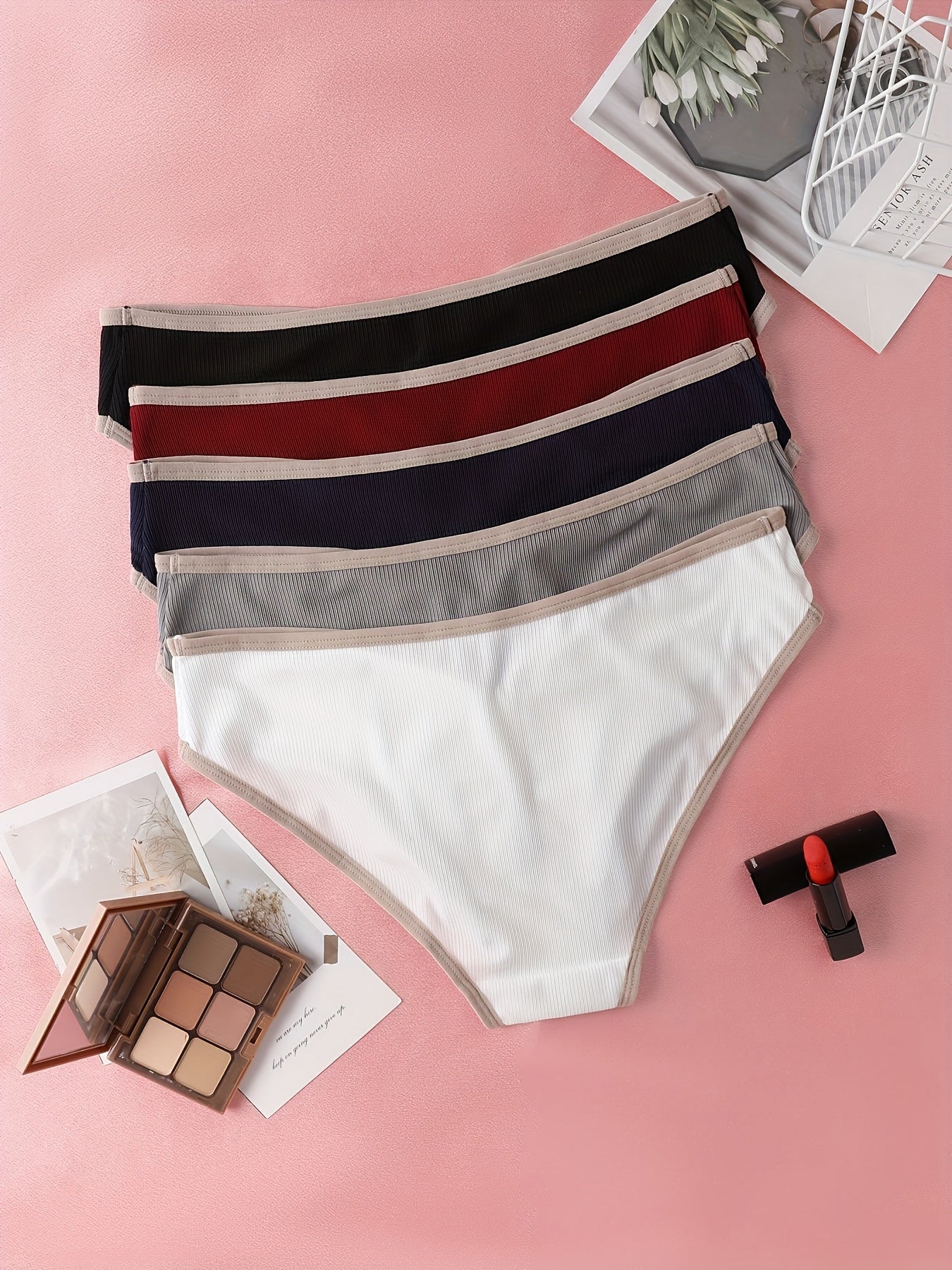 5-Pack Elegant Women'S Panties, Breathable Knit Polyester Fabric, Solid Color Underwear with Stretch, 90% Polyester 10% Elastane