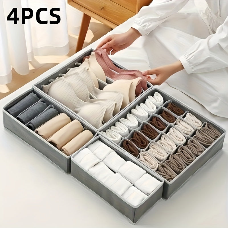 4pcs Underwear & Bras Organizer Storage Boxes - Foldable Drawer Dividers with Multi-Compartment for Socks, Ties, Belts, Scarves - Durable Plastic Closet Organizers, Space-Saving Design, Clothes Organizer Storage, Wardrobe Org