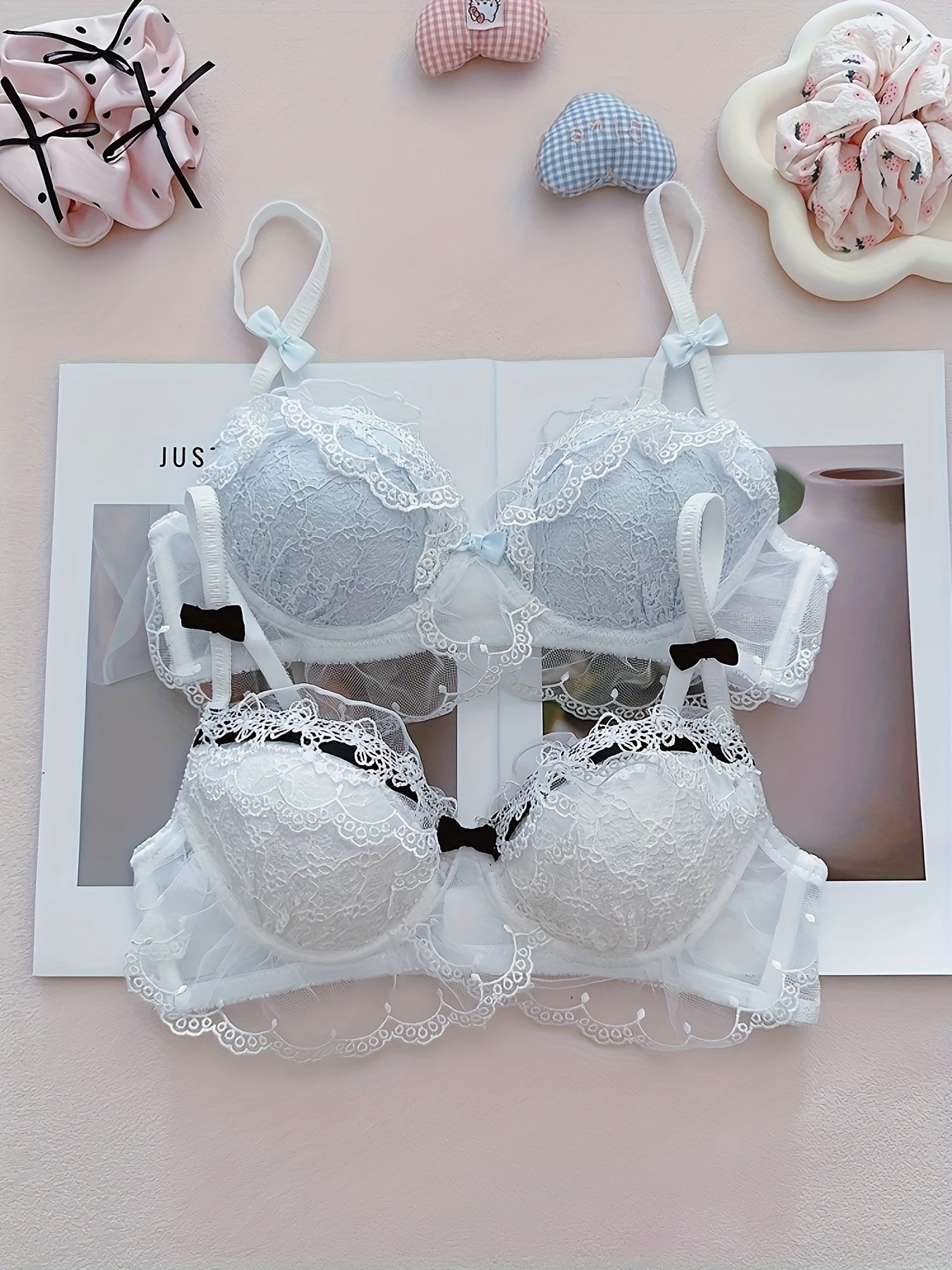 2pcs Pure Desire Contrast Lace Bow Bra for Women, Sexy Mesh Splicing Wire-Free Comfortable Soft Underwear, Bra And Panty Sets for Women, No Underwear Bra Clip Front, Seamless Bras, Sports Bras for Women Padded, Minimiser Bras