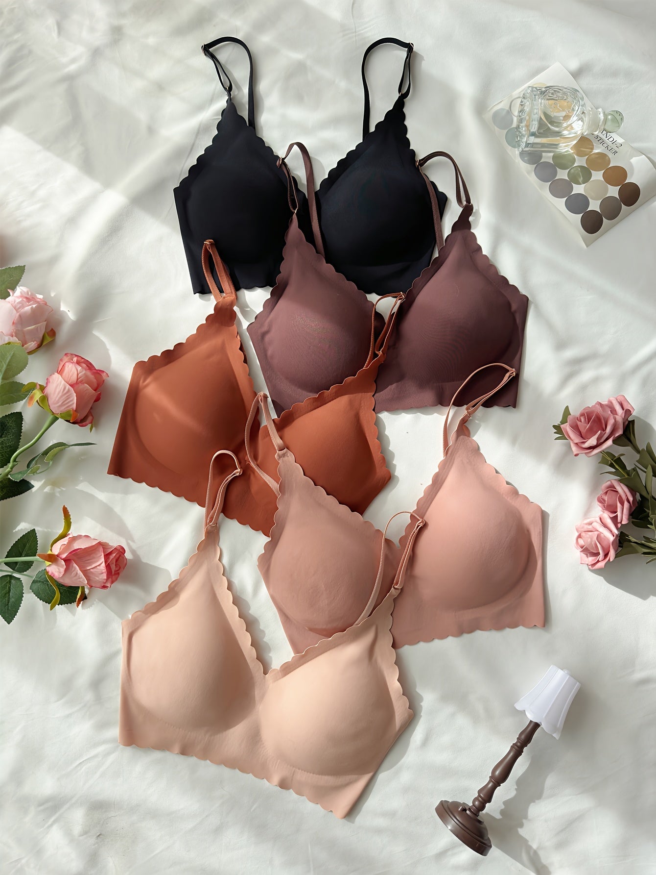 5 Pcs Elegant Solid Bras, Scallop Trim Adjustable Strap Seamless T-shirt Bra, Women's Lingerie & Underwear