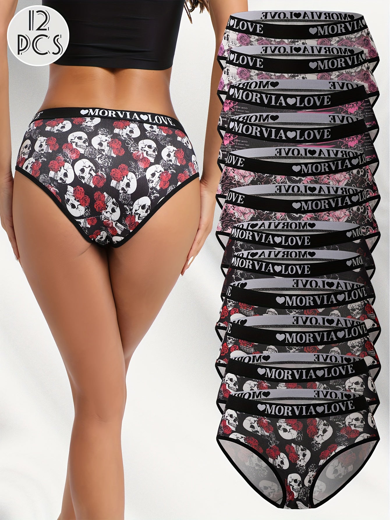 Samone Bloom™ | 12-Pack Women's Panties, Rose Skull Gothic Print with Letter Webbing Design. Dark and Edgy Style for Bold s: High Elasticity Fit that’ s Comfortable Against the Body without Digging in Rolling Upwards; Breath-friendly Fabri
