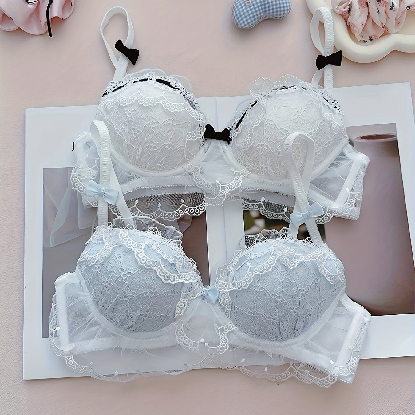 2pcs Pure Desire Contrast Lace Bow Bra for Women, Sexy Mesh Splicing Wire-Free Comfortable Soft Underwear, Bra And Panty Sets for Women, No Underwear Bra Clip Front, Seamless Bras, Sports Bras for Women Padded, Minimiser Bras