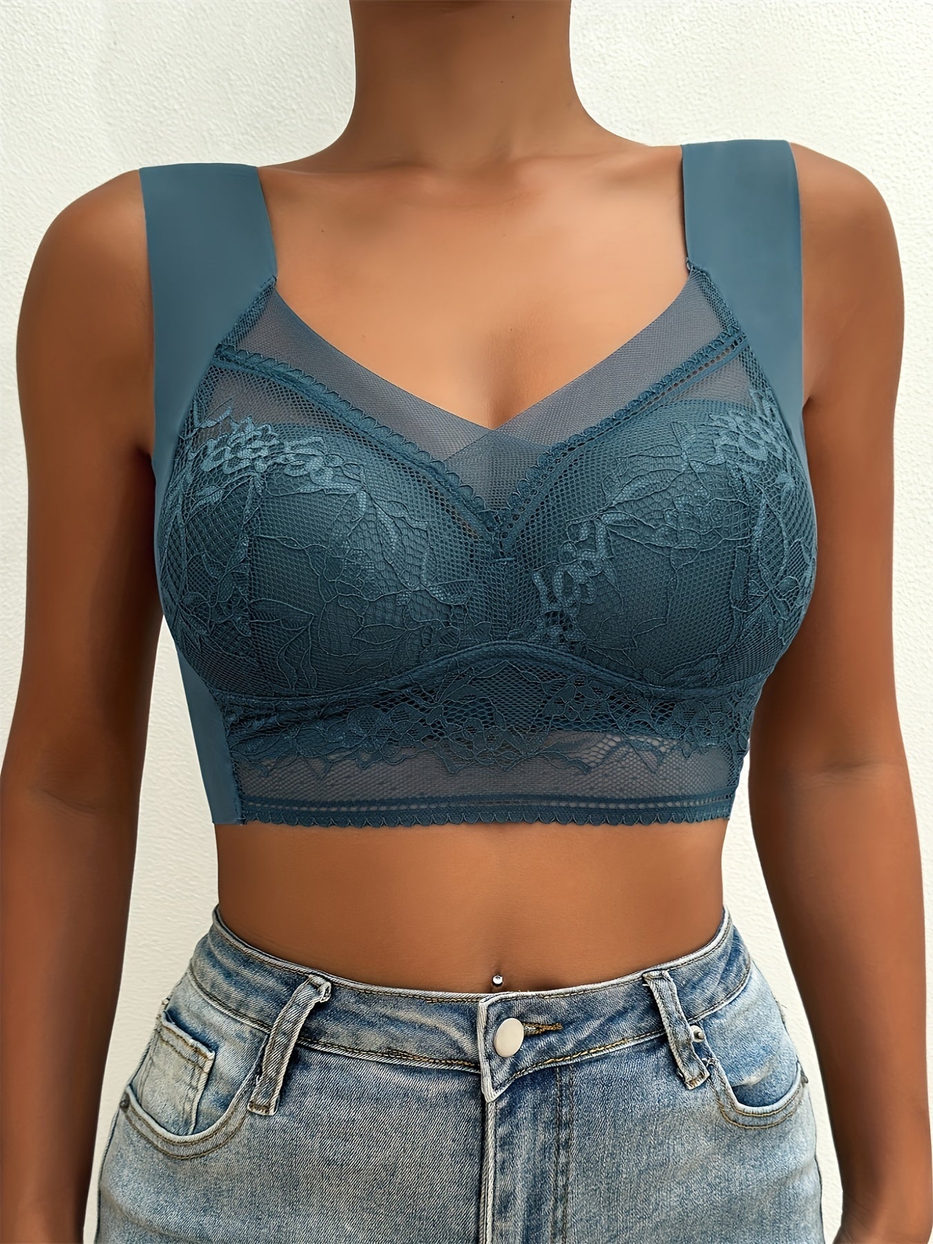 3pcs Comfy Contrast Lace Wireless Bras, Push Up & Breathable Women's Lingerie & Underwear