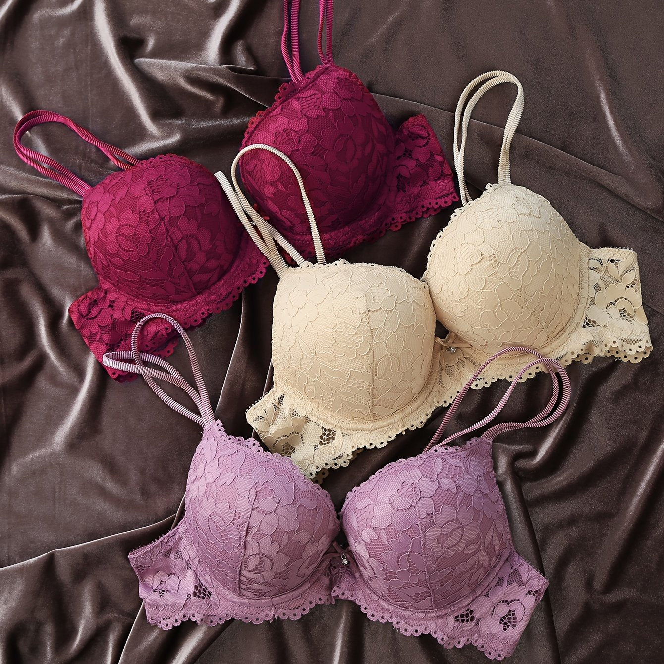 3pcs Contrast Lace Push Up Bras, Comfy & Breathable Intimates Bra, Women's Lingerie & Underwear