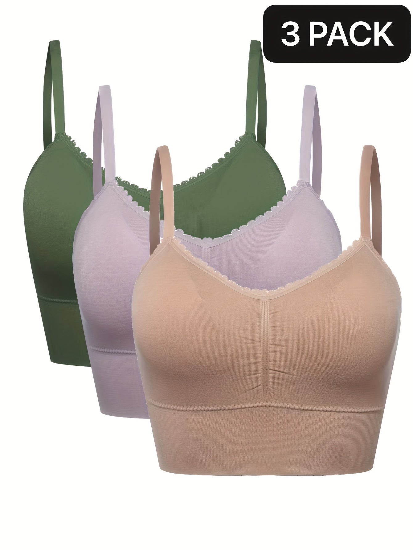 3pcs Women's Plus Size Seamless High-Elasticity Bras - Wire-Free Comfort with Removable Pads & Lace Trim, Soft Stretch Fabric for Casual Attire (Light Pink, Black, Grey), Comfortable Undergarments, Elegant Bra Design, Smooth