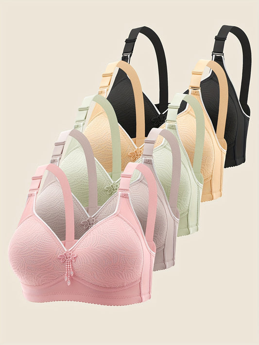 5-Pack of Fashionable Wireless Bras - Printed with Adjustable Straps for Custom Fit, Offering Seamless, Wire-Free Comfort - Available in a Vibrant Assortment of Colors