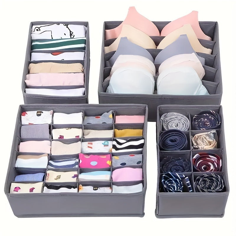 4pcs Underwear & Bras Organizer Storage Boxes - Foldable Drawer Dividers with Multi-Compartment for Socks, Ties, Belts, Scarves - Durable Plastic Closet Organizers, Space-Saving Design, Clothes Organizer Storage, Wardrobe Org