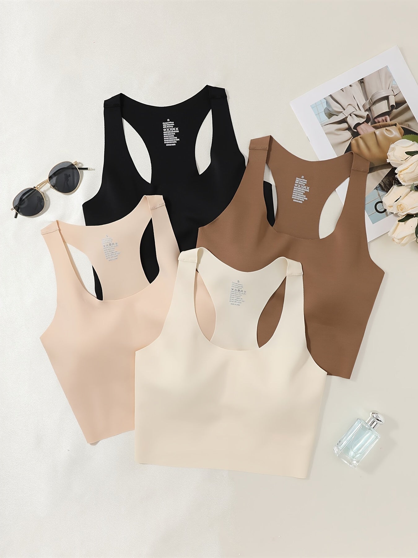 4pcs Women’s Seamless Sports Bras with Removable Pads - Soft Stretch Workout Tops for Gym, Yoga & Casual Wear - 4 Colors (Black, Dark Grey, Beige, Light Pink)