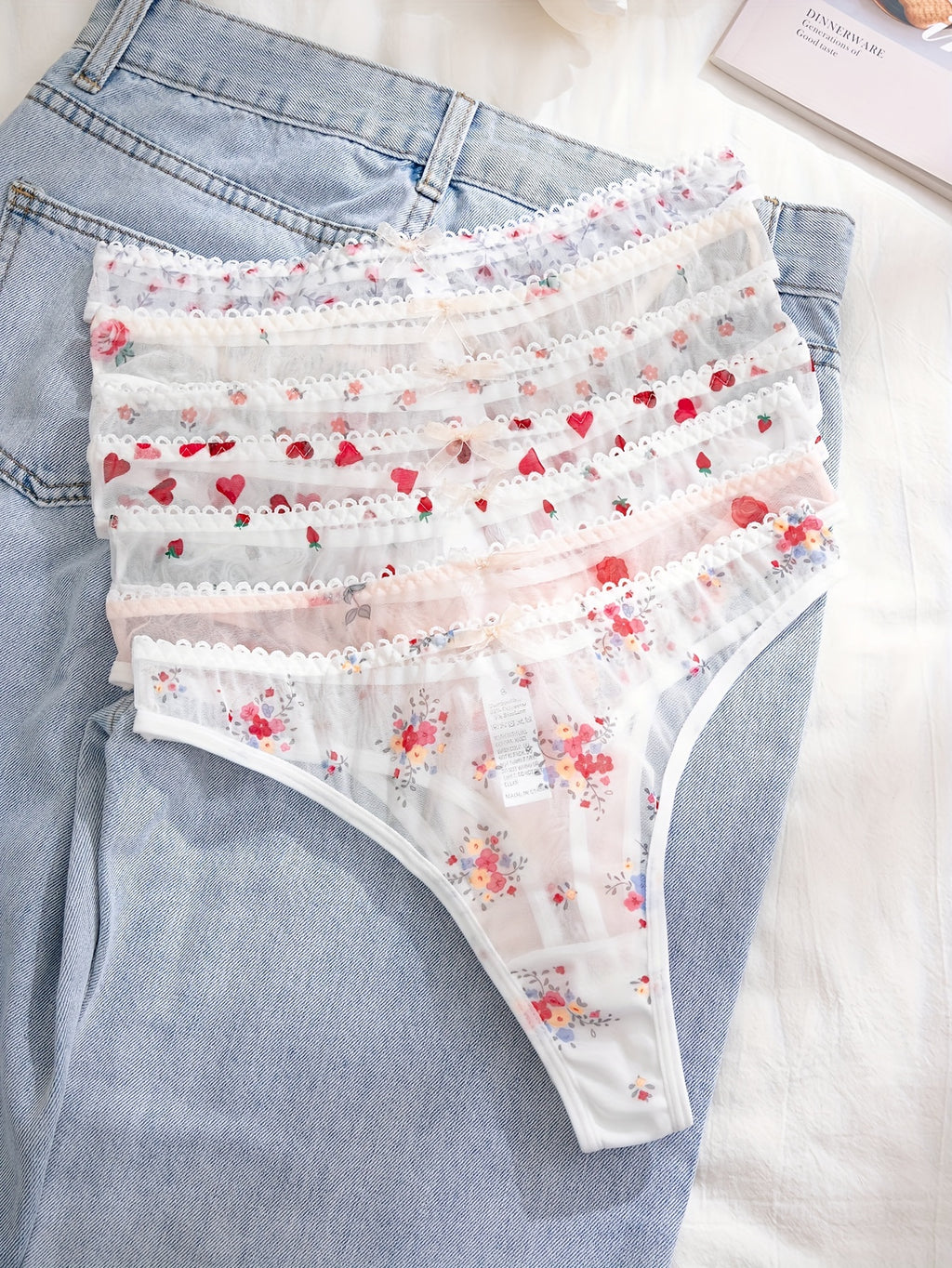 [Floral Print Undergarments] 7-Pack Women's Floral Print undergarments - Soft Semi-Sheer Everyday & Special Occasion Panties, Triangle Cut with Floral Pattern in Pink/Red/White/, Elegant Ladies Underwear for Bras & Outfits, F