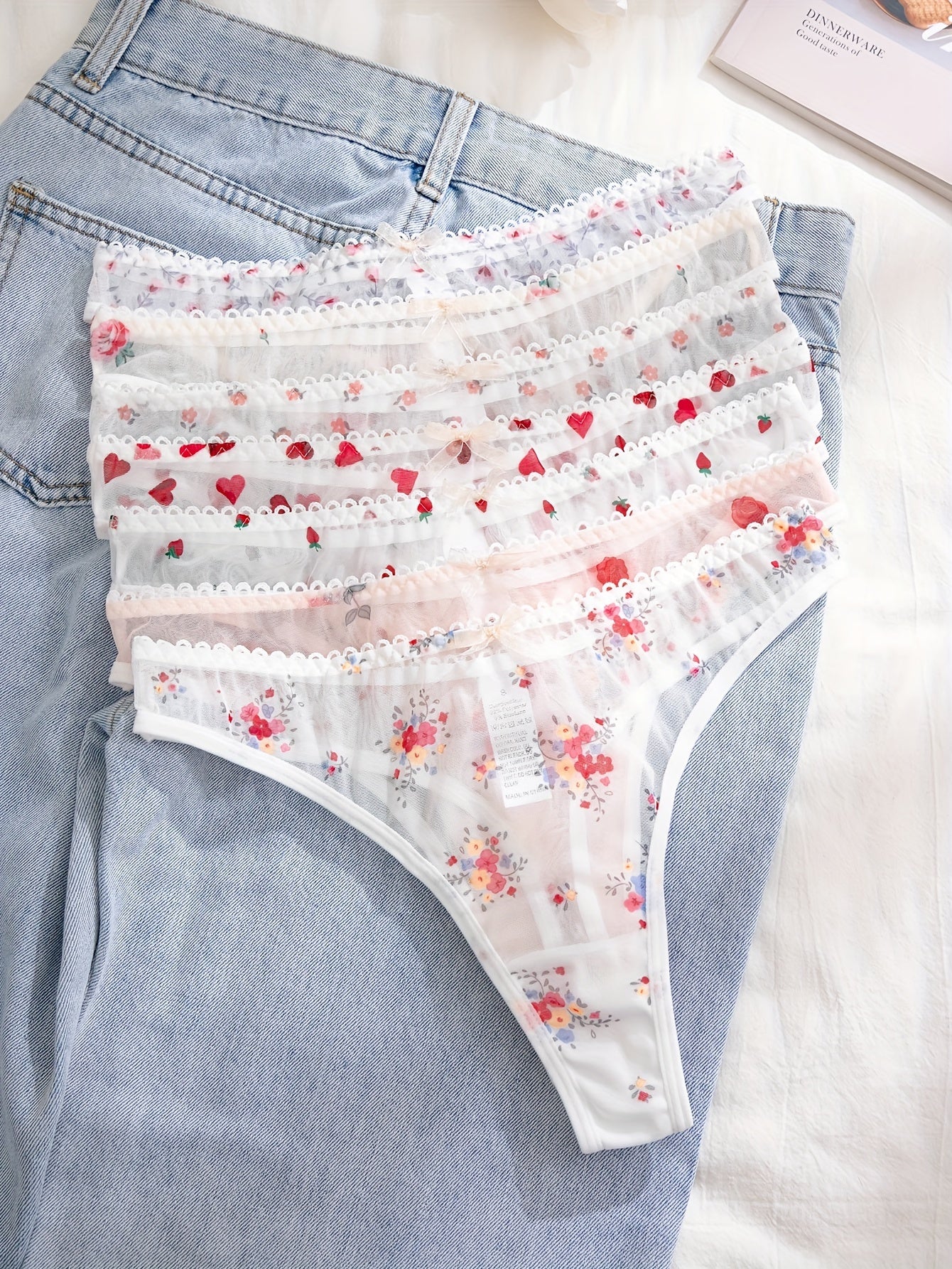 [Floral Print Undergarments] 7-Pack Women's Floral Print undergarments - Soft Semi-Sheer Everyday & Special Occasion Panties, Triangle Cut with Floral Pattern in Pink/Red/White/, Elegant Ladies Underwear for Bras & Outfits, F