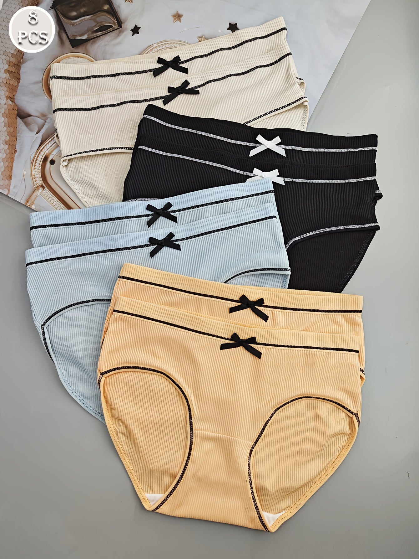8-Pack Sexy Low-Rise Women'S Panties with Bow Detail, Breathable Knit Polyester Underwear, Low Support Solid Color Briefs