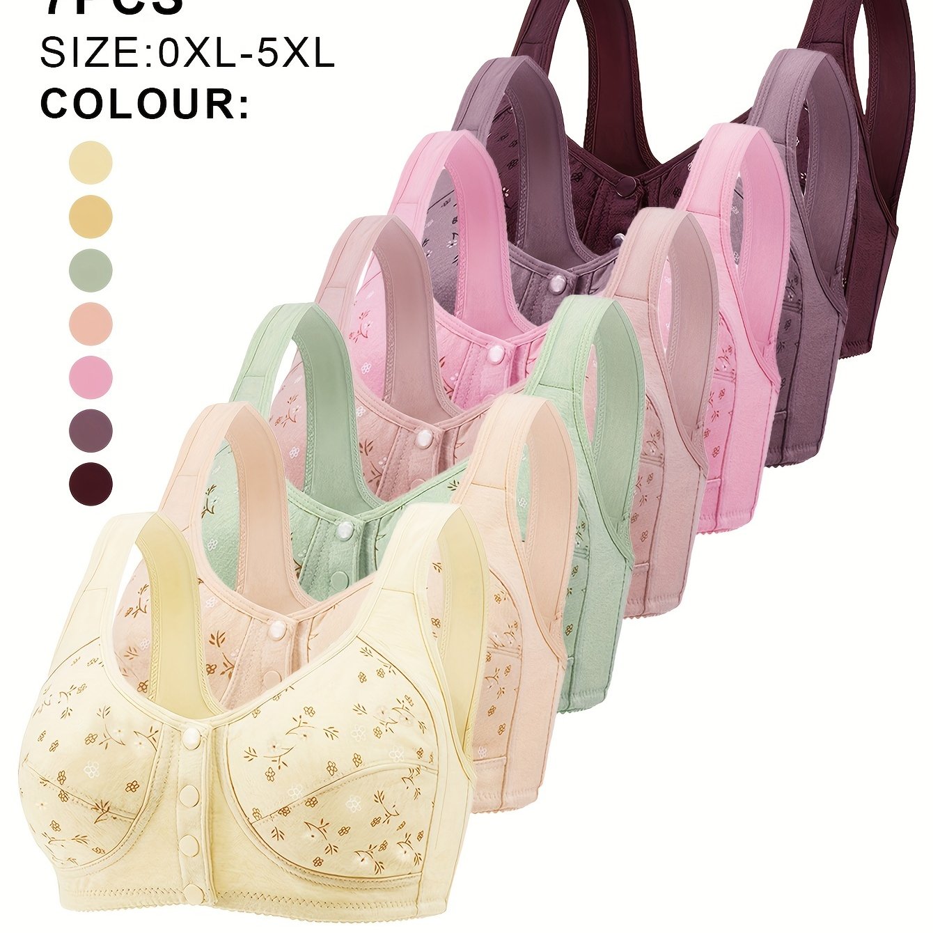 7pcs Set of Women'S Plus Size Non-Wired Bras, Solid Color, Simple Style, Slightly Elastic, No Bra Pads, Front Closure, Light And Breathable, Easy to Wear
