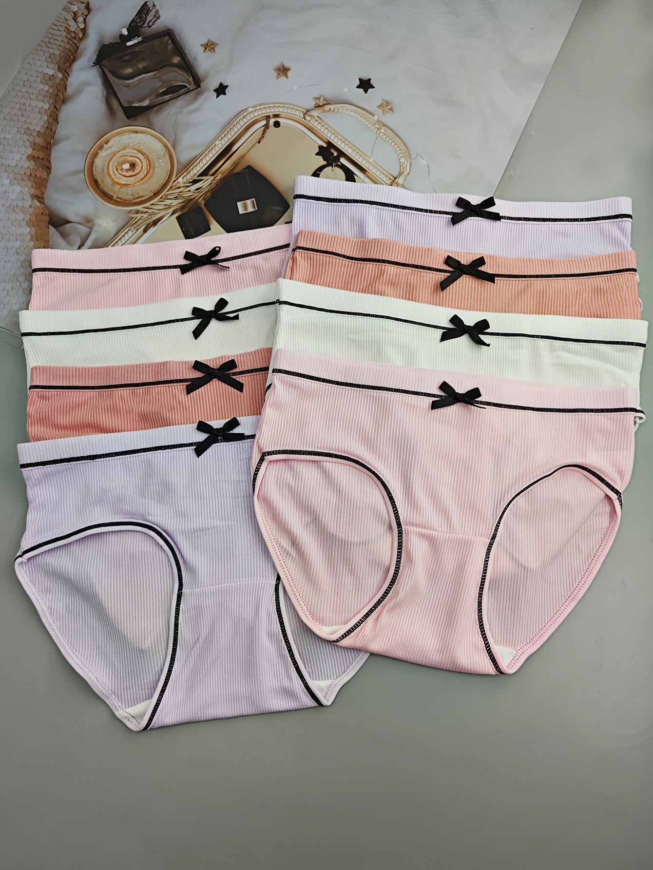 8-Pack Sexy Low-Rise Women'S Panties with Bow Detail, Breathable Knit Polyester Underwear, Low Support Solid Color Briefs