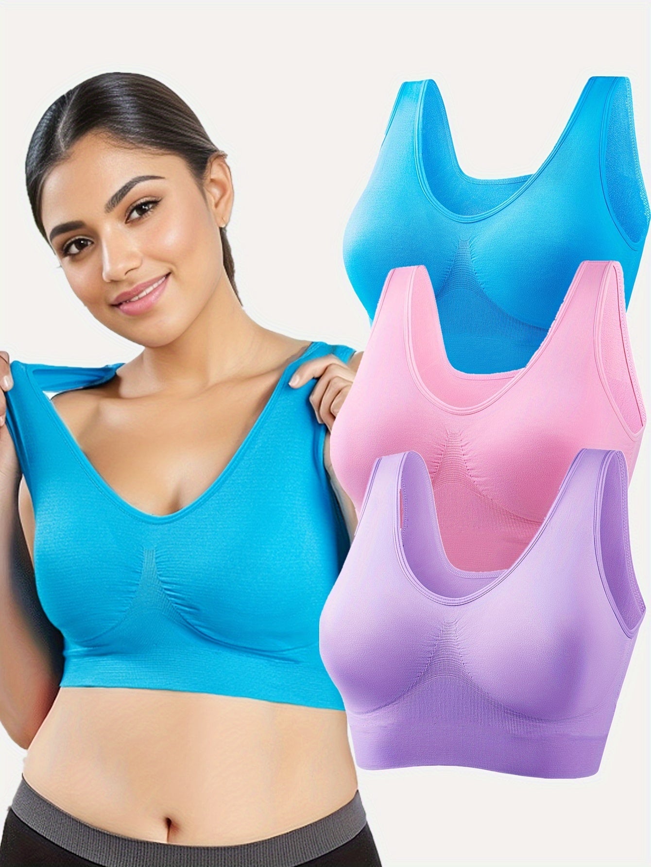 3pcs Women's Sports Bras Set, Plus Size Solid Seamless Non Padded Wireless versatile Running Bralette