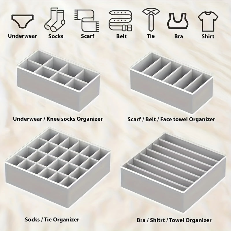 4pcs Underwear & Bras Organizer Storage Boxes - Foldable Drawer Dividers with Multi-Compartment for Socks, Ties, Belts, Scarves - Durable Plastic Closet Organizers, Space-Saving Design, Clothes Organizer Storage, Wardrobe Org