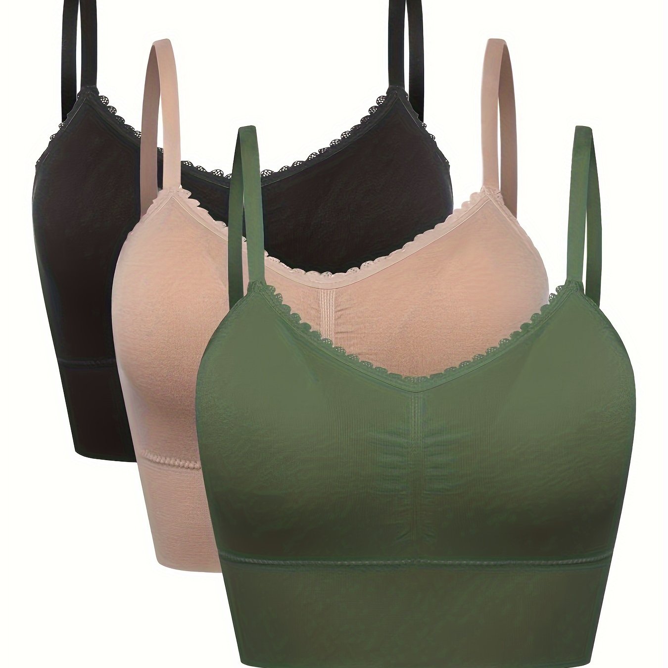 3pcs Women's Plus Size Seamless High-Elasticity Bras - Wire-Free Comfort with Removable Pads & Lace Trim, Soft Stretch Fabric for Casual Attire (Light Pink, Black, Grey), Comfortable Undergarments, Elegant Bra Design, Smooth