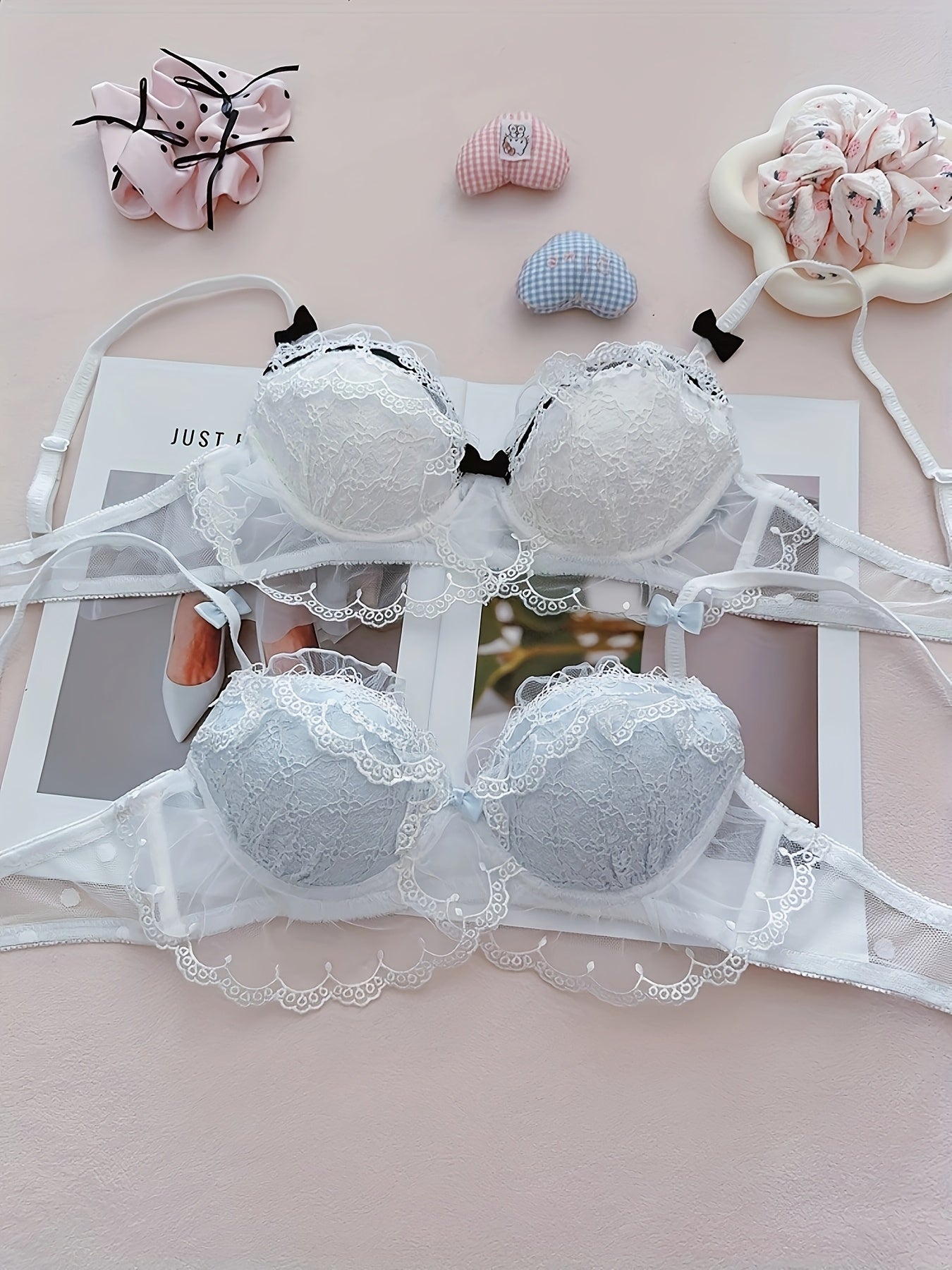 2pcs Pure Desire Contrast Lace Bow Bra for Women, Sexy Mesh Splicing Wire-Free Comfortable Soft Underwear, Bra And Panty Sets for Women, No Underwear Bra Clip Front, Seamless Bras, Sports Bras for Women Padded, Minimiser Bras