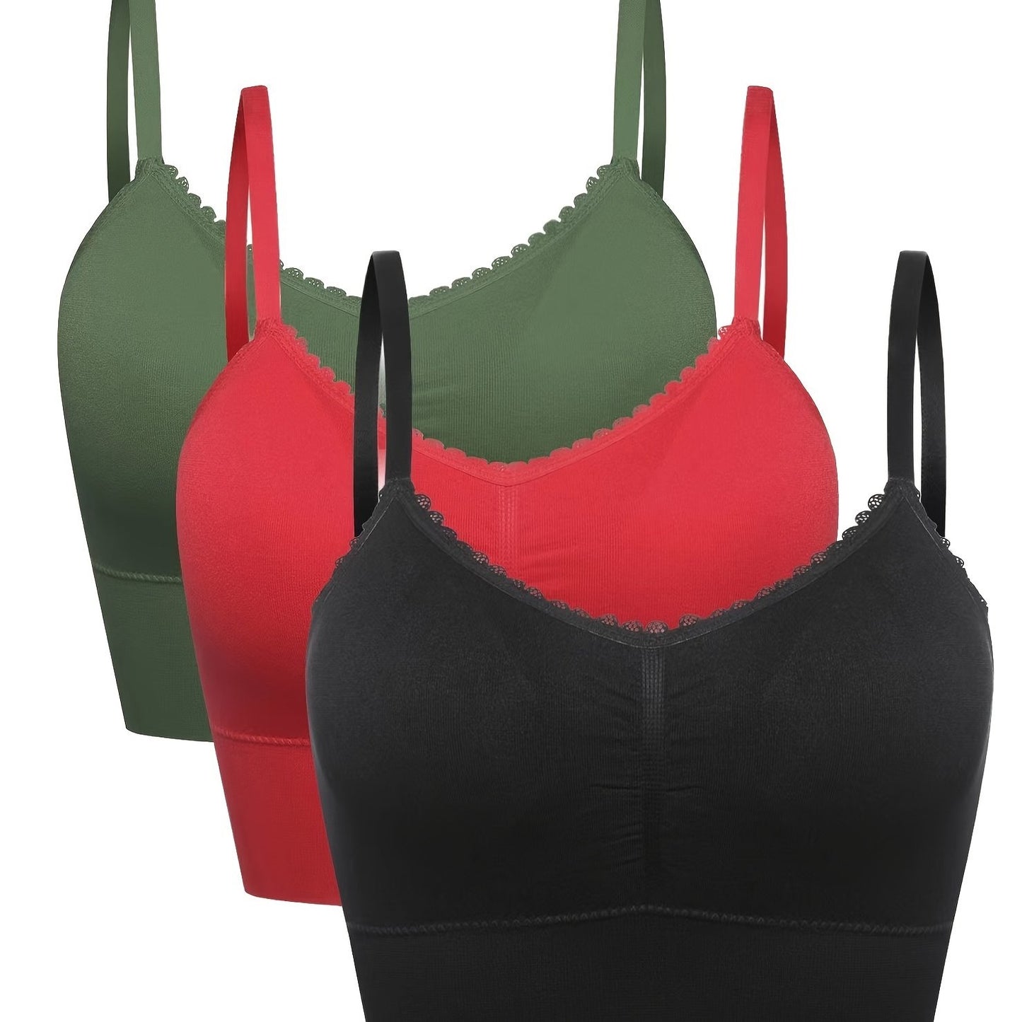 3pcs Women's Plus Size Seamless High-Elasticity Bras - Wire-Free Comfort with Removable Pads & Lace Trim, Soft Stretch Fabric for Casual Attire (Light Pink, Black, Grey), Comfortable Undergarments, Elegant Bra Design, Smooth