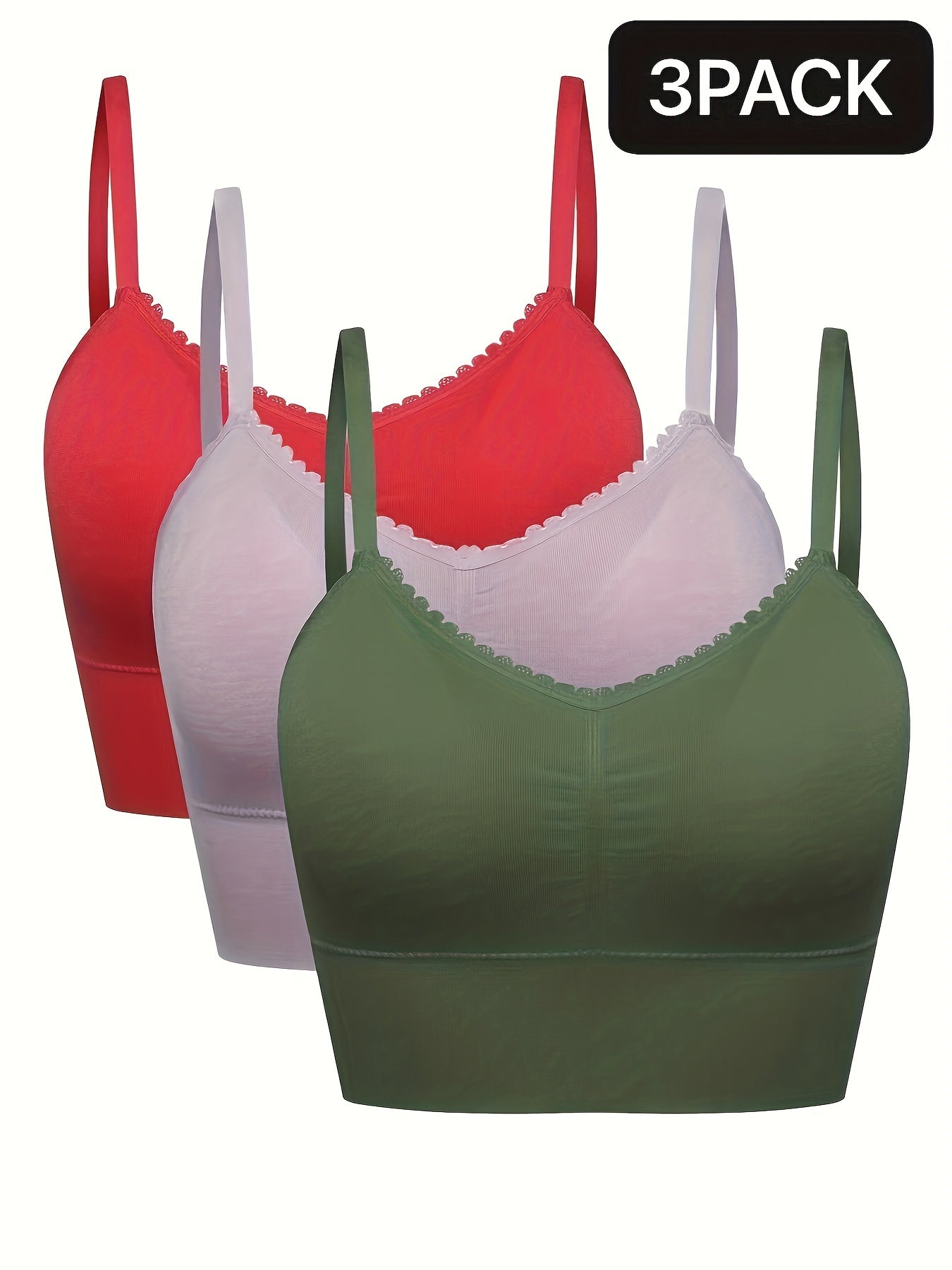 3pcs Women's Plus Size Seamless High-Elasticity Bras - Wire-Free Comfort with Removable Pads & Lace Trim, Soft Stretch Fabric for Casual Attire (Light Pink, Black, Grey), Comfortable Undergarments, Elegant Bra Design, Smooth