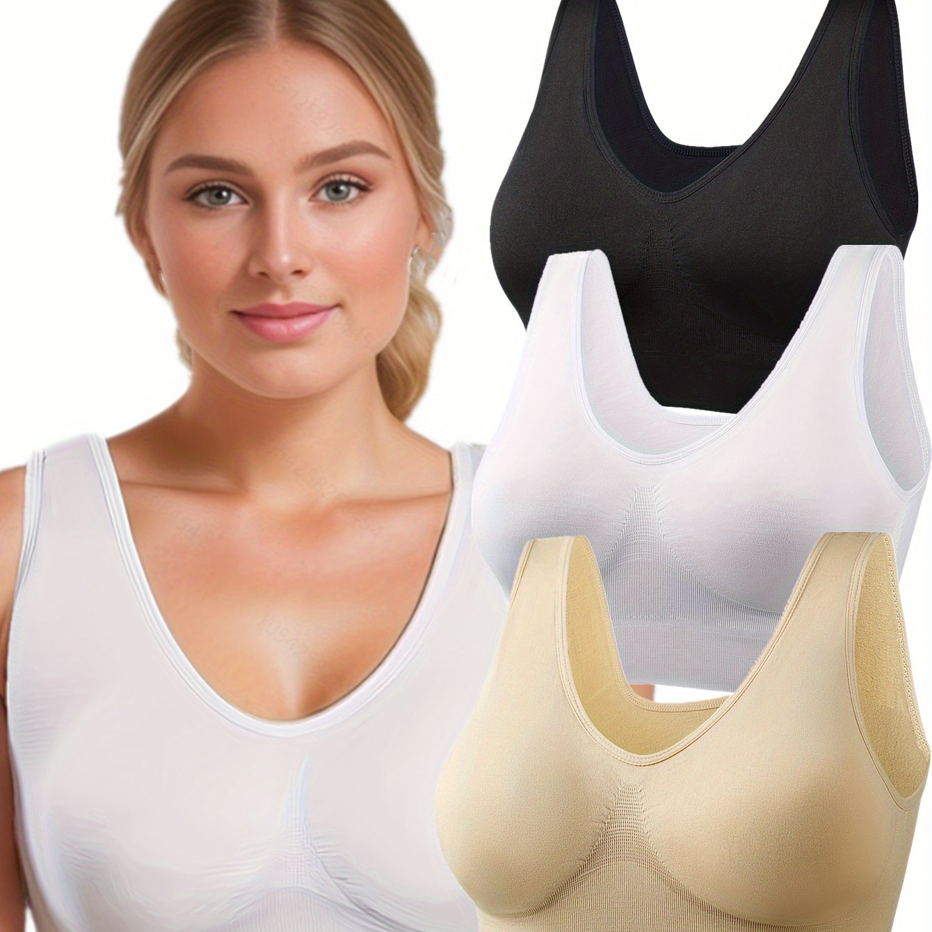 3pcs Women's Sports Bras Set, Plus Size Solid Seamless Non Padded Wireless versatile Running Bralette