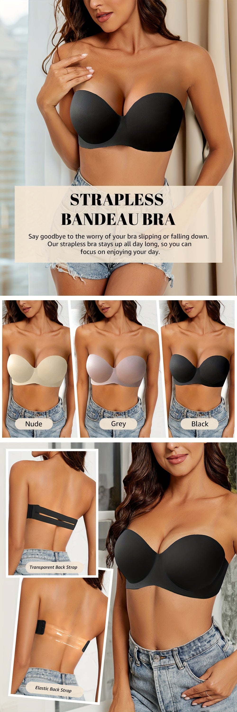 3pcs Soft Strapless Comfy Bandeau Bras, Everyday Stretch Women's Lingerie & Underwear