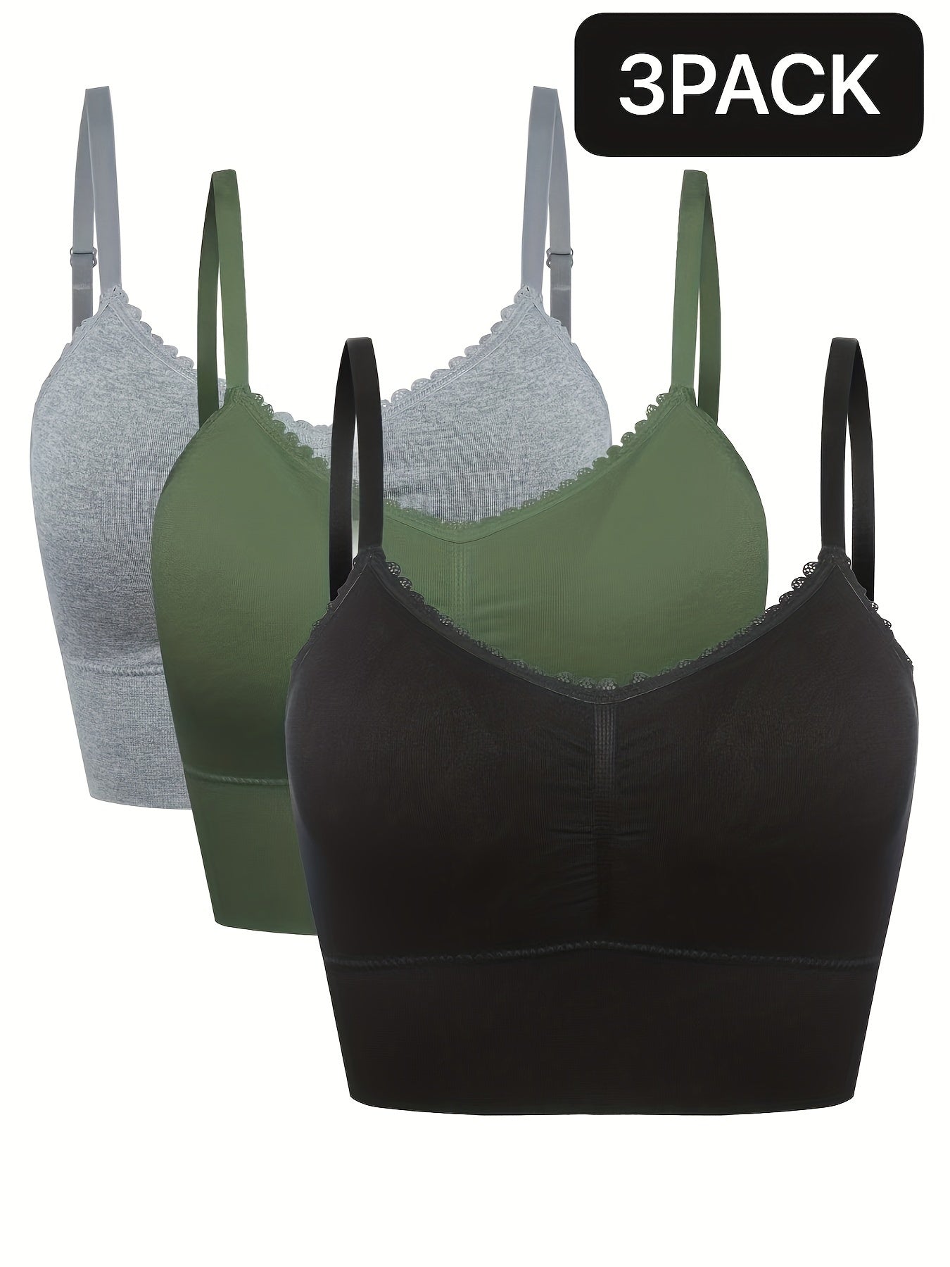 3pcs Women's Plus Size Seamless High-Elasticity Bras - Wire-Free Comfort with Removable Pads & Lace Trim, Soft Stretch Fabric for Casual Attire (Light Pink, Black, Grey), Comfortable Undergarments, Elegant Bra Design, Smooth