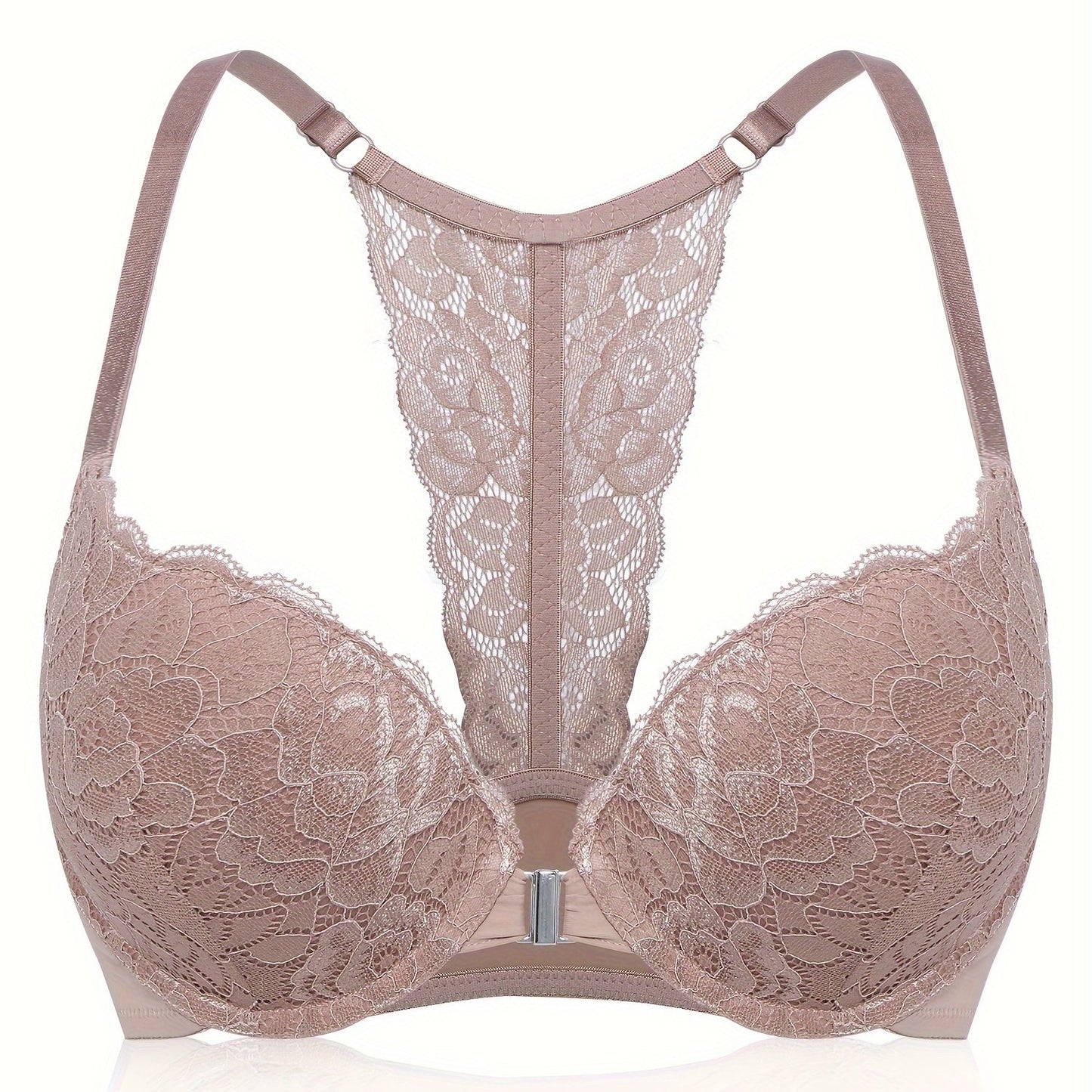 Front Closure Push Up Bras for Women, Comfortable Padded Lace T-Shirt Bra, Lace Racerback Push Up Bra, Ultra Soft and lightweight, Lightly Lined, Women's Lingerie, Underwire