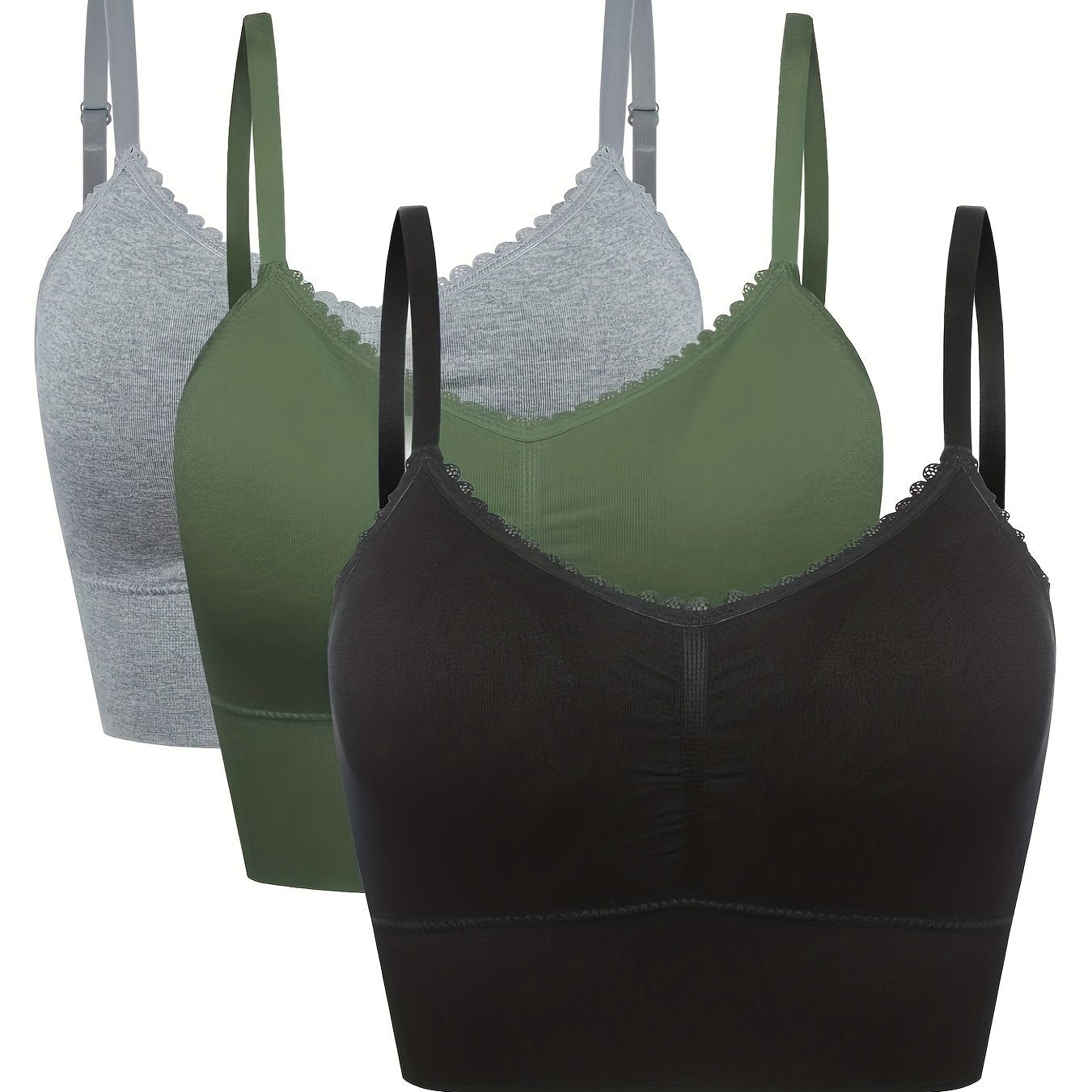 3pcs Women's Plus Size Seamless High-Elasticity Bras - Wire-Free Comfort with Removable Pads & Lace Trim, Soft Stretch Fabric for Casual Attire (Light Pink, Black, Grey), Comfortable Undergarments, Elegant Bra Design, Smooth