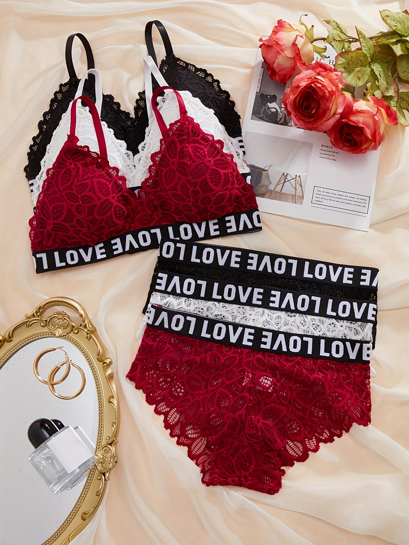 Chic 3-Set Womens Lingerie Bundle - Wireless Contrast Lace Bras & Letter-Trim Panties - Comfortable & Stylish Daily Wear