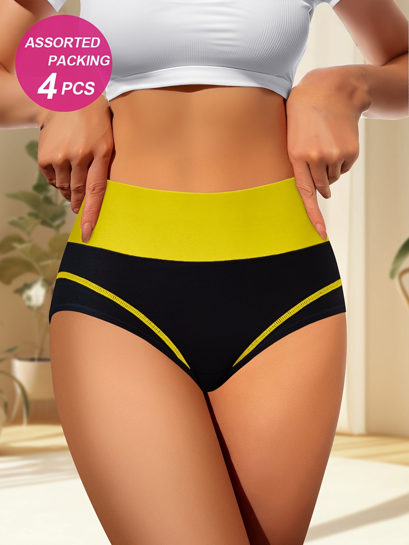 4pcs Random Combination High Waisted Tummy Tightening Women'S Panties Fashion Clash Of Colors Comfortable Shape Triangle Pants